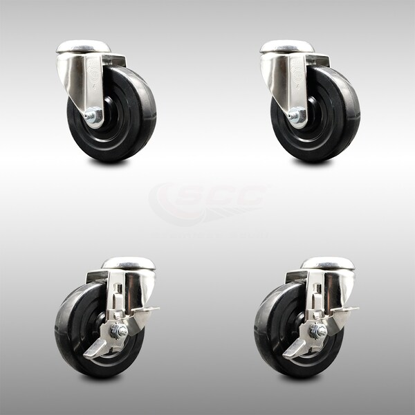 4 Inch 316SS Hard Rubber Wheel Swivel Bolt Hole Caster Brakes SCC, 2PK